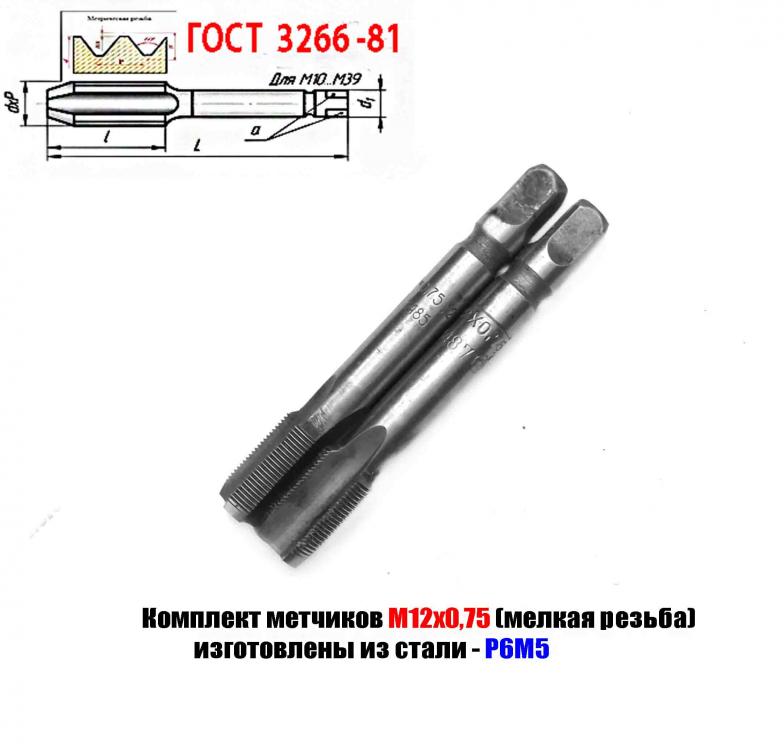 Метчик М12х0,75 к-т, м р, Р6М5, 79х19 мм, мелкий шаг, . .., ДОНЕЦК
